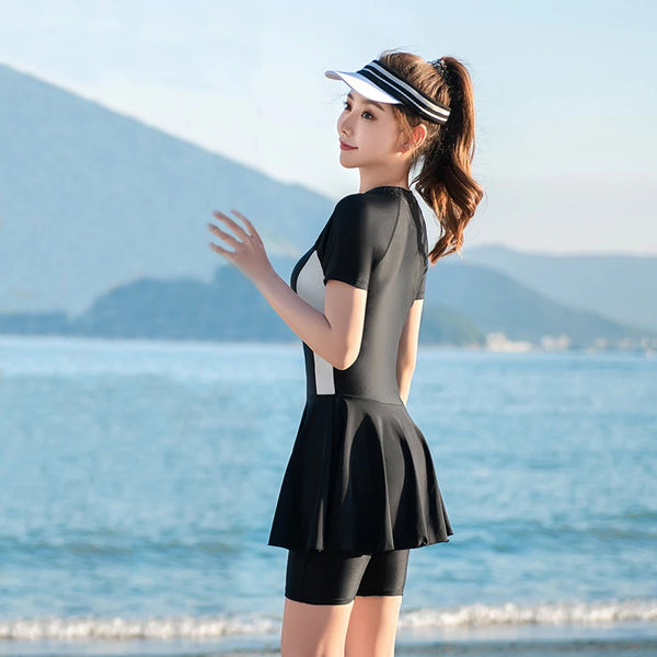 Modest Swimsuit for Women One Piece Large Size Swimwear Korean Style Swim Skirt Conservative Beachwear Ladies Swimming Suit 5Xl