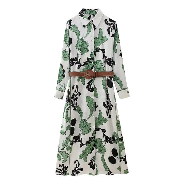 Spring and Summer Women'S Fashionable New Style with Belt Printed Shirt Style Dress