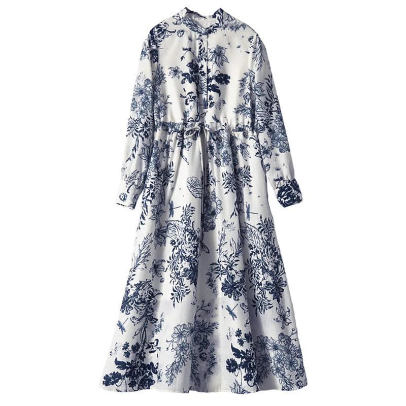 Spring Autumn Women'S Elegant Fashion Vintage Floral Printing Dress Female Long Sleeve Waist Lace up Casual Vestidos Ladies Robe