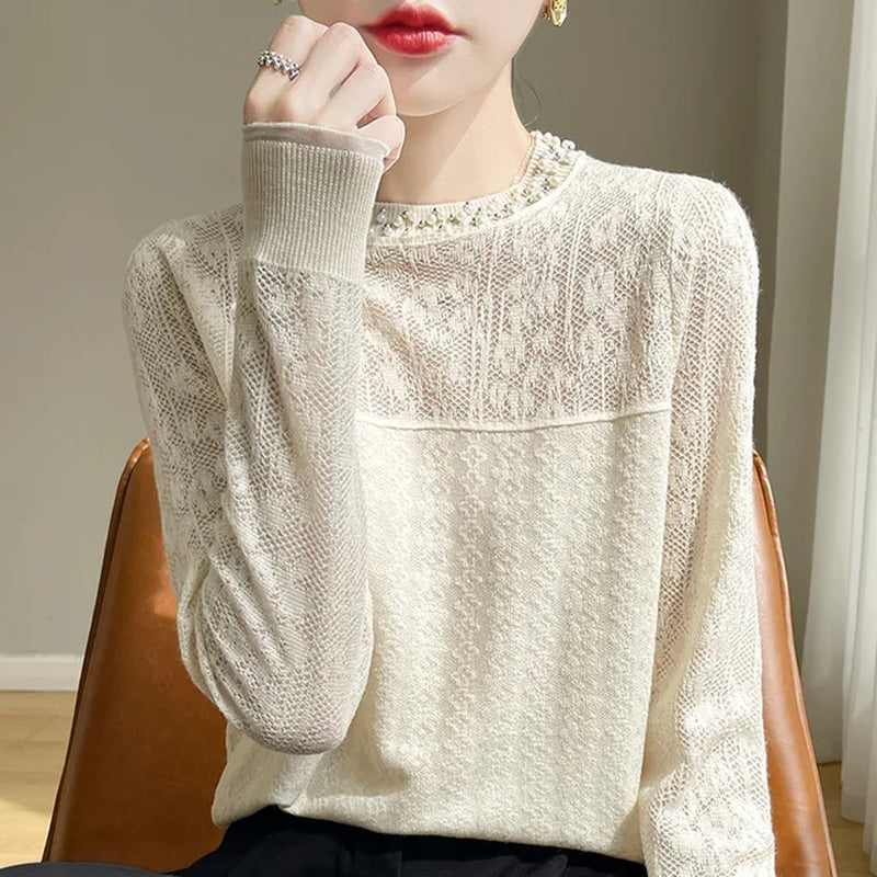 Breezy Charm: Hollow Knit Spring/Summer Pullover  EaseTotal  Beige Xl 
