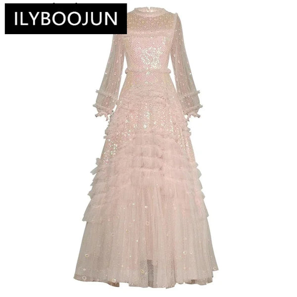 ILYBOOJUN Fashion Autumn Mesh Maxi Dress Women O-Neck Lantern Sleeve Sequins Embroidery Ruffle Vintage Party Ball Gown Dresses