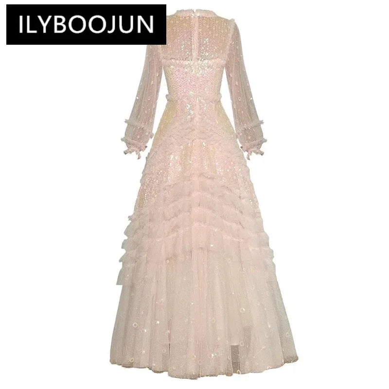 ILYBOOJUN Fashion Autumn Mesh Maxi Dress Women O-Neck Lantern Sleeve Sequins Embroidery Ruffle Vintage Party Ball Gown Dresses