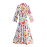 2024 Summer New Women'S Fashion Style with Belt Printed Midi Long Edition Flip Collar Shirt Dress