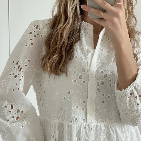 New Women Elegant Embroidered Lace White Female Splicing Dress Floral Hollow Out Loose Casual Party Vestidos