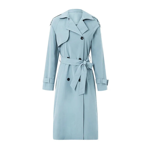 Women Classic Long Trench Coat Solid Color Double-Breasted Lapel Long Sleeve Windproof Overcoat with Belt Baggy Streetwear