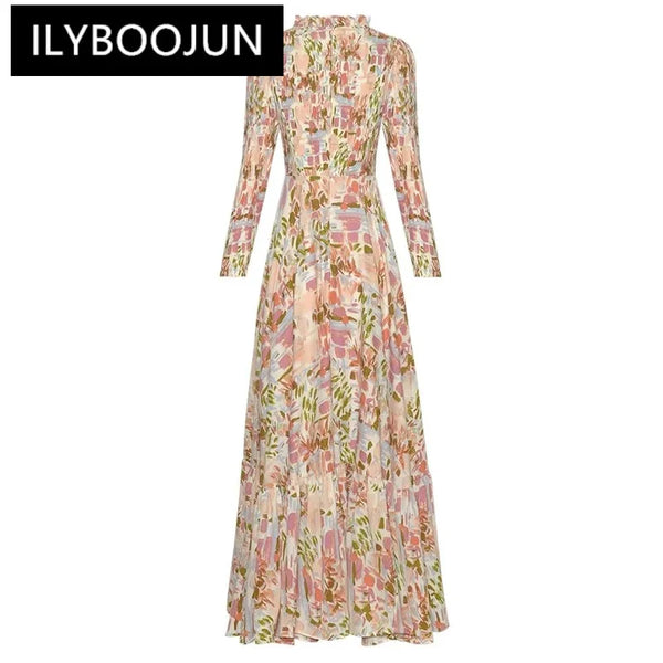 ILYBOOJUN Fashion Designer Early Autumn Slidress Women O-Neck Long Sleevfolds Floral Print Elegant Party Dresses