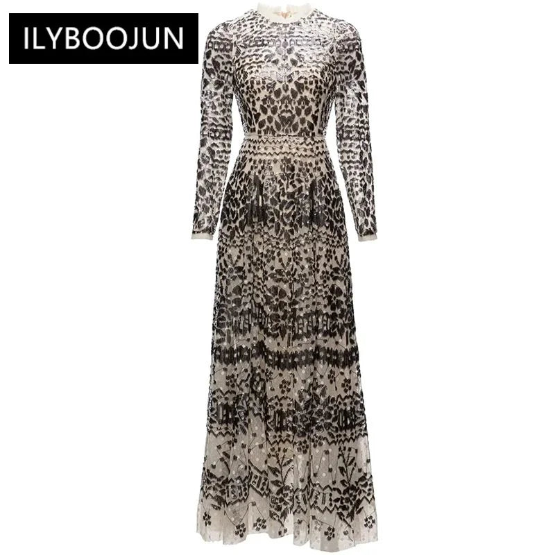 Autumn Mesh Long Dress O-Neck Long Sleeve Gorgeous Sequins Embroidery Vintage Party Maxi Dresses for Women 2023 Luxury Brand