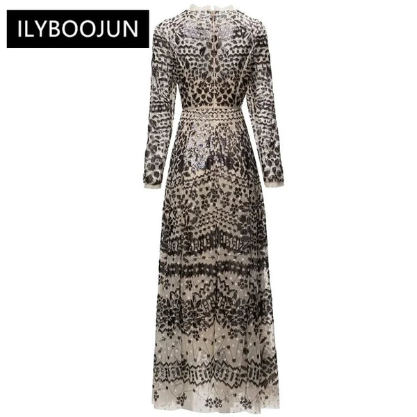 Autumn Mesh Long Dress O-Neck Long Sleeve Gorgeous Sequins Embroidery Vintage Party Maxi Dresses for Women 2023 Luxury Brand