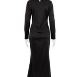 Hollow Out Satin Fashion Maxi Dress Female High Waist Slim Scoop Neck Long Sleeve Dress Solid Zipper Party Dress Summer