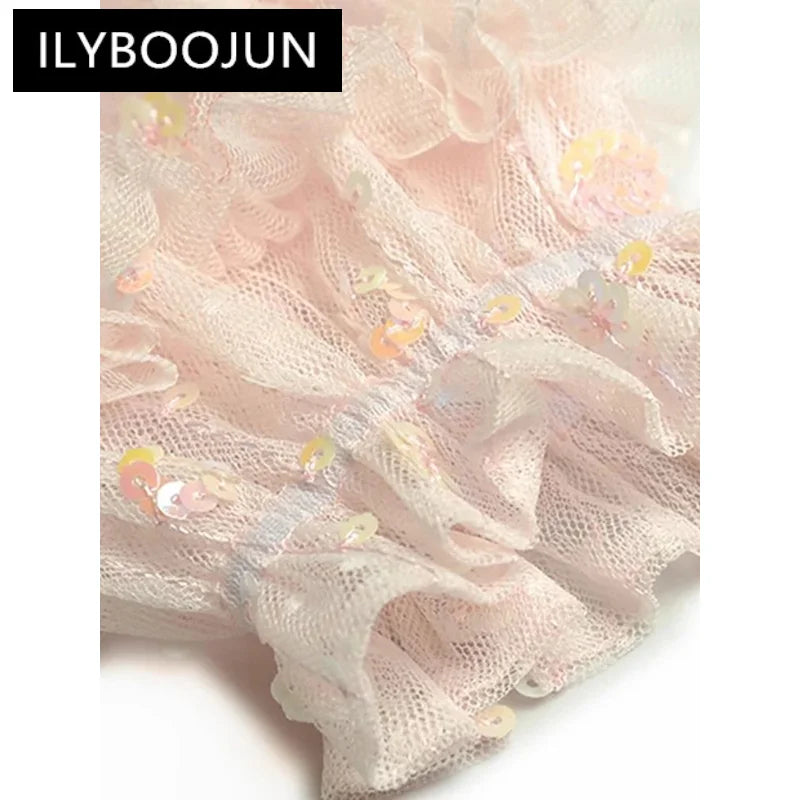 ILYBOOJUN Fashion Autumn Mesh Maxi Dress Women O-Neck Lantern Sleeve Sequins Embroidery Ruffle Vintage Party Ball Gown Dresses