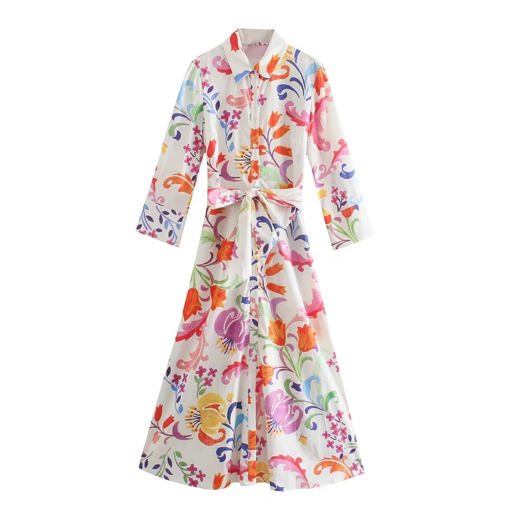 2024 Summer New Women'S Fashion Style with Belt Printed Midi Long Edition Flip Collar Shirt Dress