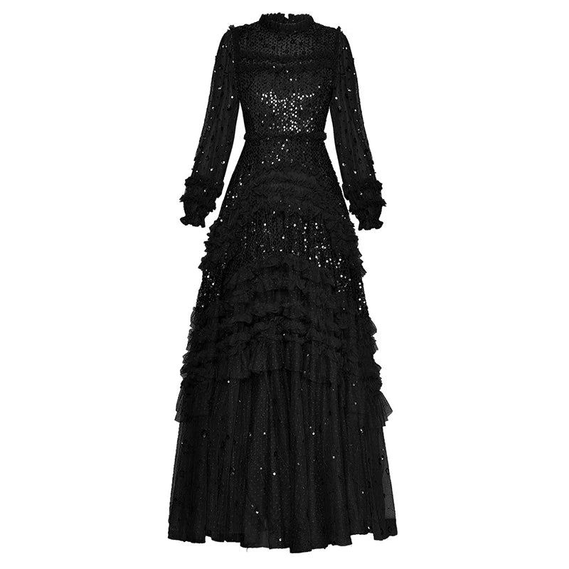 ILYBOOJUN Fashion Autumn Mesh Maxi Dress Women O-Neck Lantern Sleeve Sequins Embroidery Ruffle Vintage Party Ball Gown Dresses